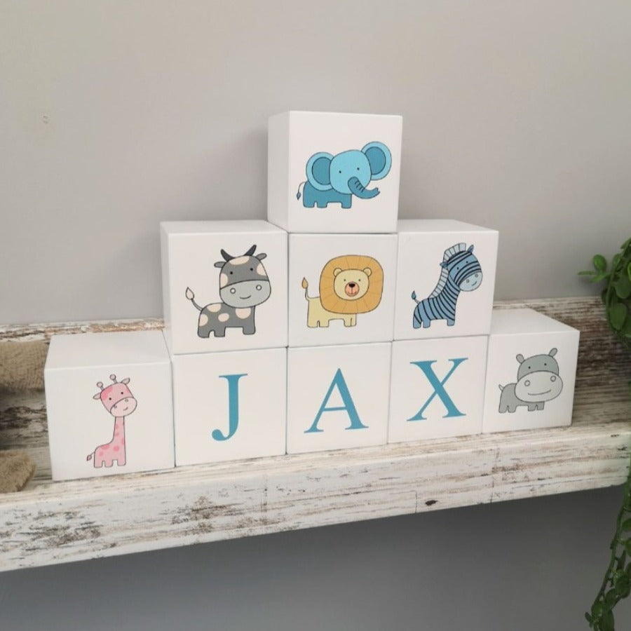 Personalised Baby Keepsake White Building Blocks - Safari Animals ...
