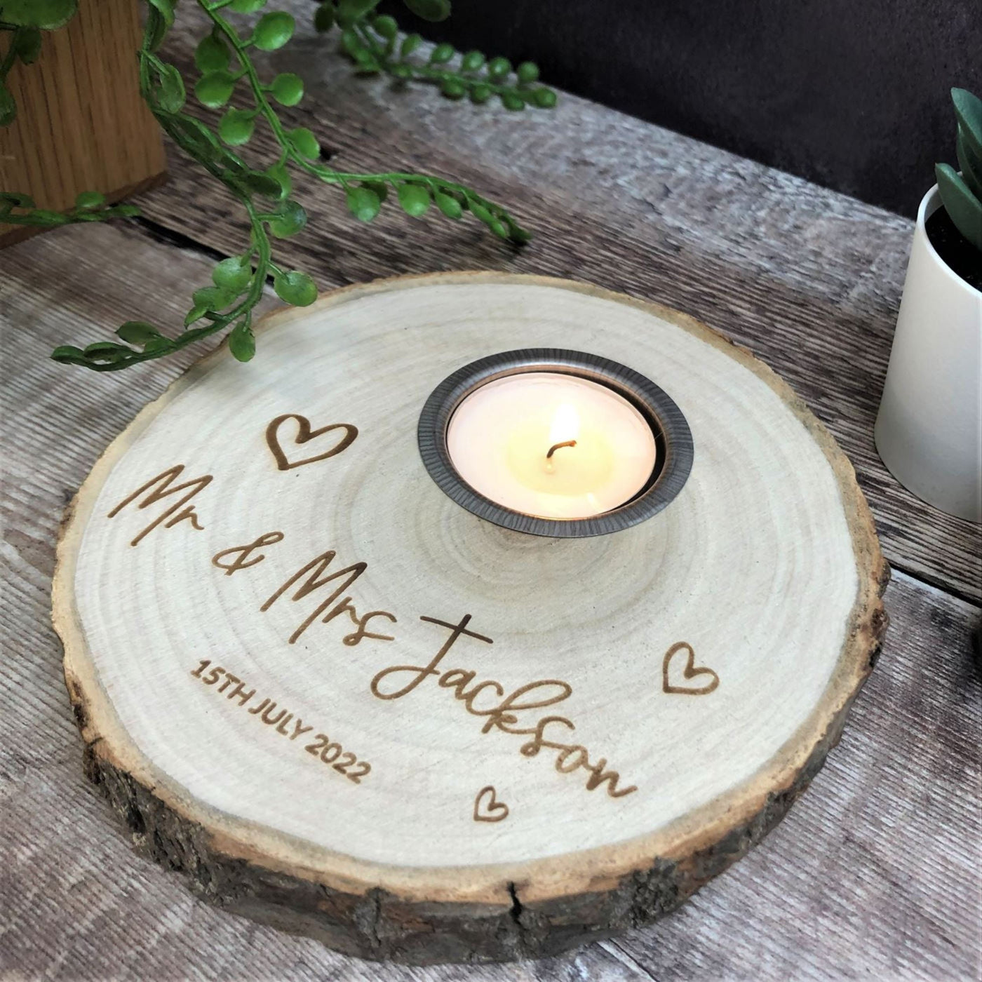 Personalised Tealight Wood Slice, Log Slice Tea Light Holder, Woodland Wedding , Rustic Wedding Decor, Home Decor, Country Wedding, Candle