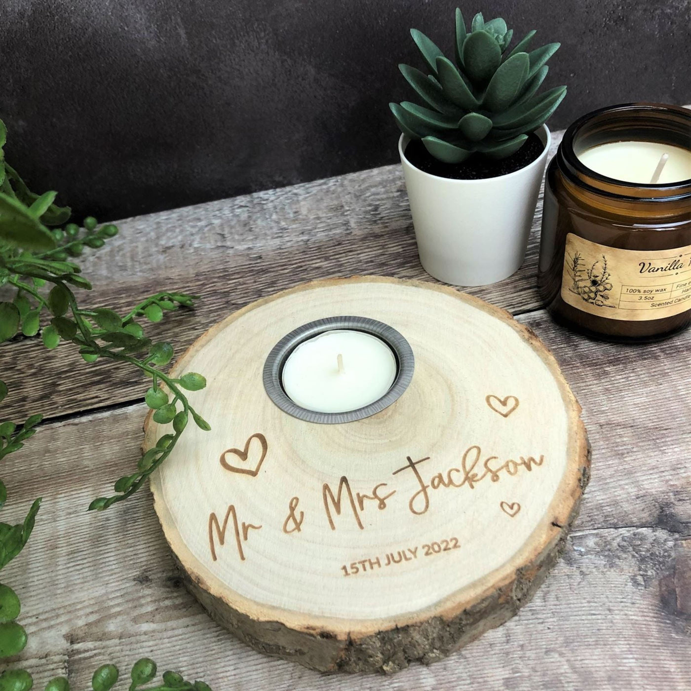Personalised Tealight Wood Slice, Log Slice Tea Light Holder, Woodland Wedding , Rustic Wedding Decor, Home Decor, Country Wedding, Candle