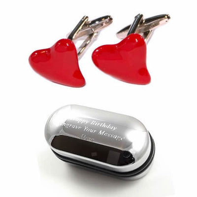 Red Heart Cufflinks & Engraved Gift Box -  Fun Cufflinks, Novelty Cufflink for Men, Quirky Cufflinks, Personalised Cufflinks Box - Love