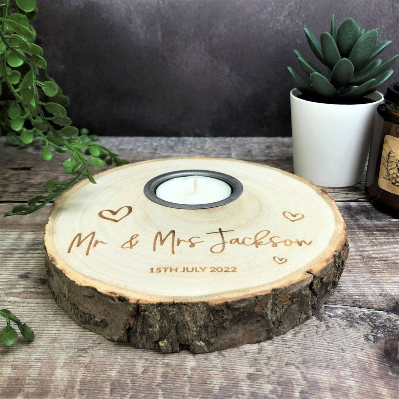 Personalised Tealight Wood Slice, Log Slice Tea Light Holder, Woodland Wedding , Rustic Wedding Decor, Home Decor, Country Wedding, Candle