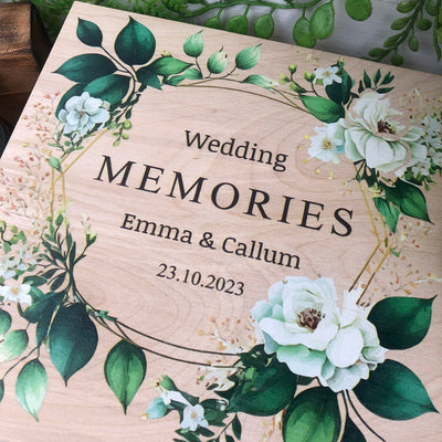 Personalised, Printed Wooden Wedding Memory Box with Foliage design - Wedding Gifts, Wedding Keepsake Box, Green Foliage Wedding Theme