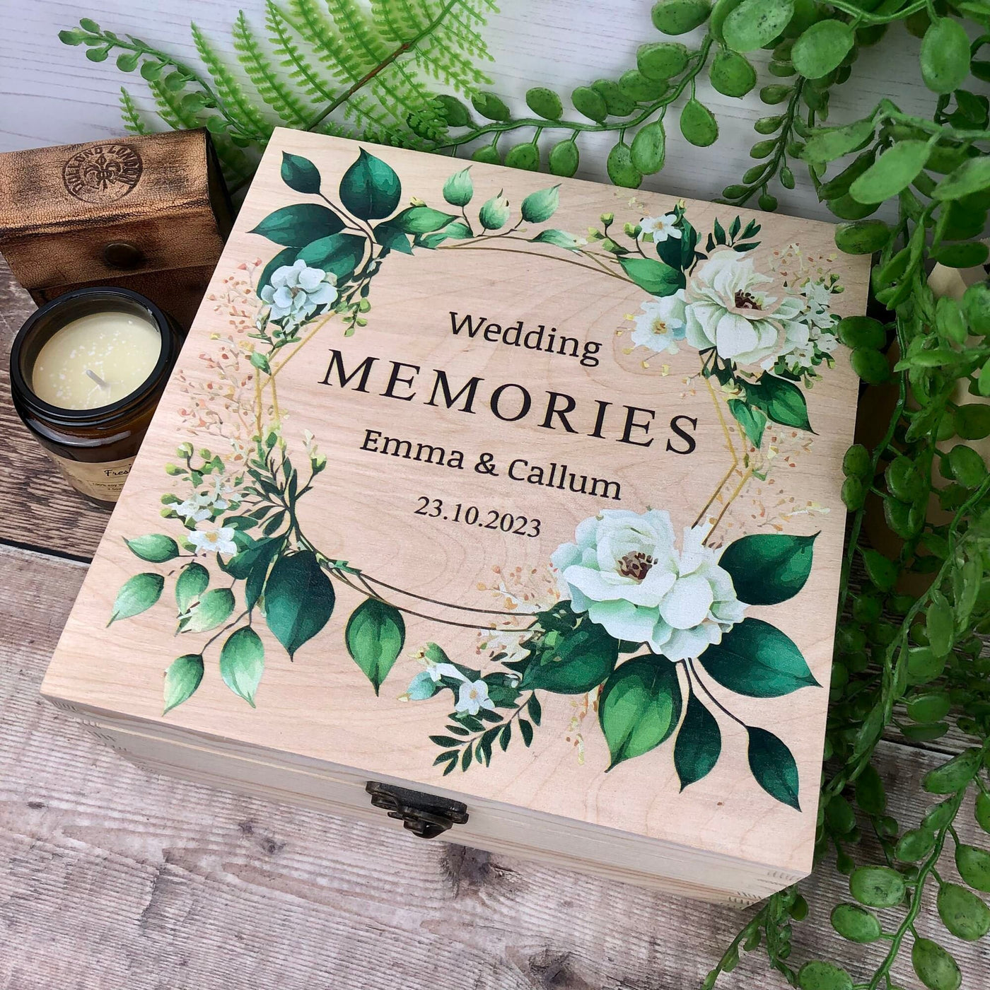 Personalised, Printed Wooden Wedding Memory Box with Foliage design - Wedding Gifts, Wedding Keepsake Box, Green Foliage Wedding Theme