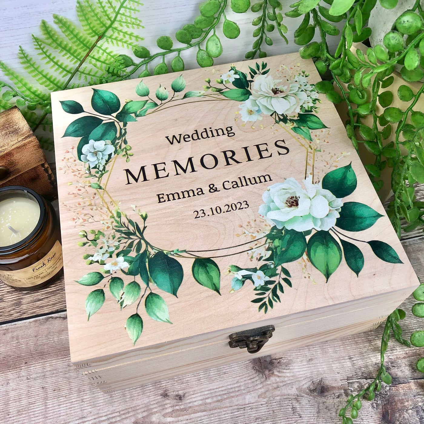 Personalised, Printed Wooden Wedding Memory Box with Foliage design - Wedding Gifts, Wedding Keepsake Box, Green Foliage Wedding Theme