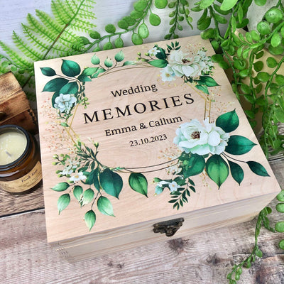 Personalised, Printed Wooden Wedding Memory Box with Foliage design - Wedding Gifts, Wedding Keepsake Box, Green Foliage Wedding Theme
