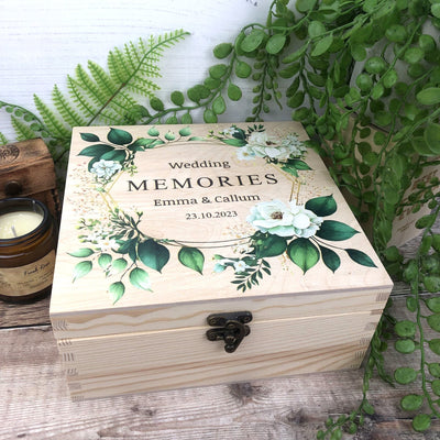 Personalised, Printed Wooden Wedding Memory Box with Foliage design - Wedding Gifts, Wedding Keepsake Box, Green Foliage Wedding Theme