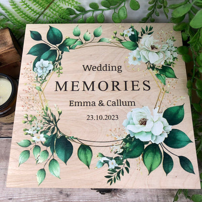 Personalised, Printed Wooden Wedding Memory Box with Foliage design - Wedding Gifts, Wedding Keepsake Box, Green Foliage Wedding Theme