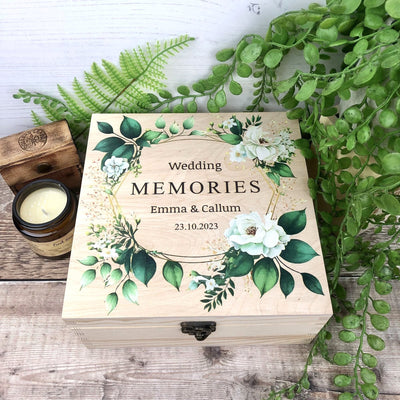 Personalised, Printed Wooden Wedding Memory Box with Foliage design - Wedding Gifts, Wedding Keepsake Box, Green Foliage Wedding Theme