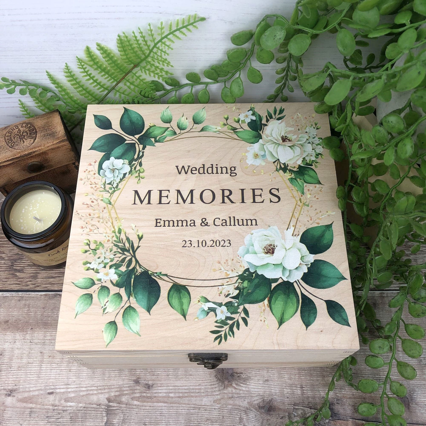 Personalised, Printed Wooden Wedding Memory Box with Foliage design - Wedding Gifts, Wedding Keepsake Box, Green Foliage Wedding Theme