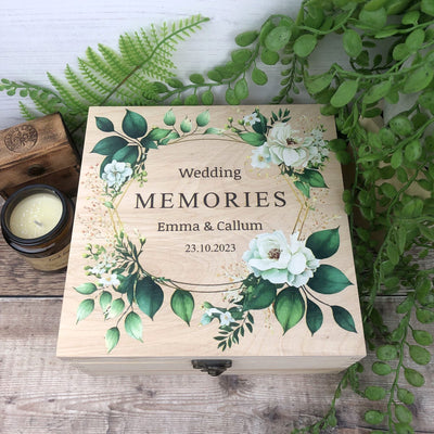 Personalised, Printed Wooden Wedding Memory Box with Foliage design - Wedding Gifts, Wedding Keepsake Box, Green Foliage Wedding Theme