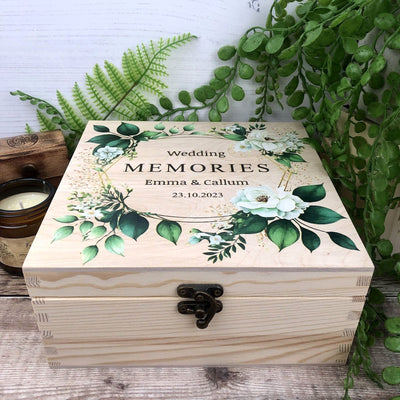 Personalised, Printed Wooden Wedding Memory Box with Foliage design - Wedding Gifts, Wedding Keepsake Box, Green Foliage Wedding Theme