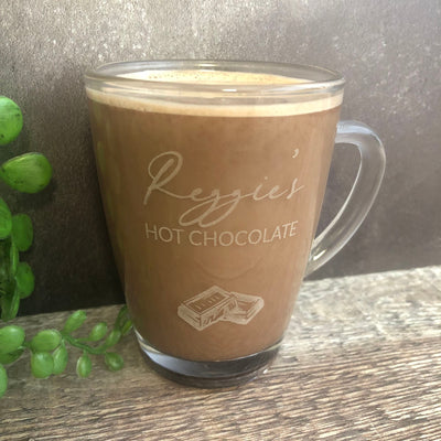 Personalised Engraved Glass Mug with Chocolate Pieces, Engraved Mug, Hot Chocolate Mug, Hot Chocolate Gifts, Chocolate Lover, Hot Choc Drink