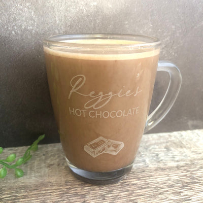 Personalised Engraved Glass Mug with Chocolate Pieces, Engraved Mug, Hot Chocolate Mug, Hot Chocolate Gifts, Chocolate Lover, Hot Choc Drink