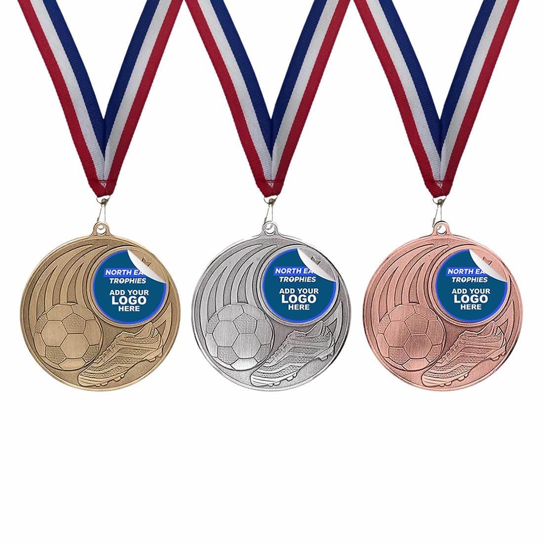 Personalised Football Medals with Ribbon, FREE Engraving, Add your team logo, Gold, Silver & Bronze Football Awards