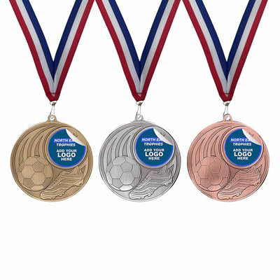 Personalised Football Medals with Ribbon, FREE Engraving, Add your team logo, Gold, Silver & Bronze Football Awards