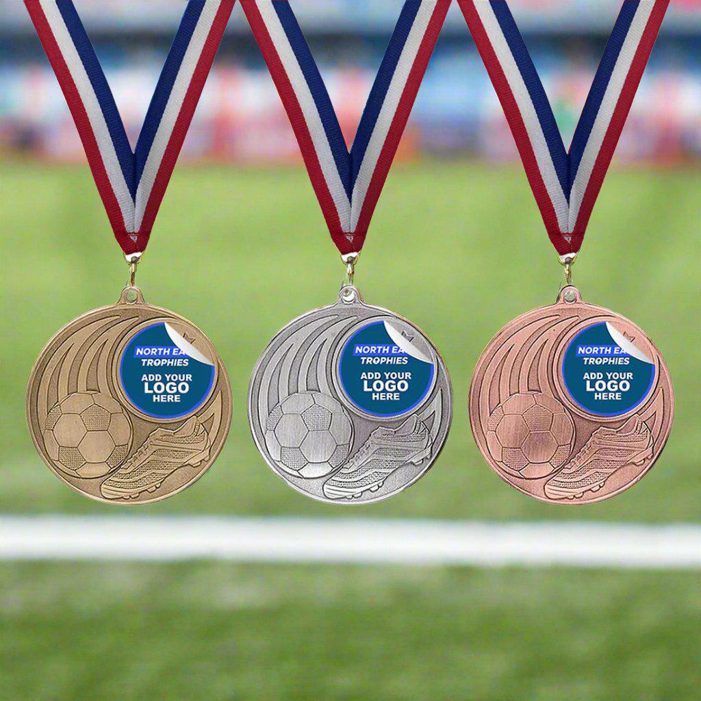 Personalised Football Medals with Ribbon, FREE Engraving, Add your team logo, Gold, Silver & Bronze Football Awards