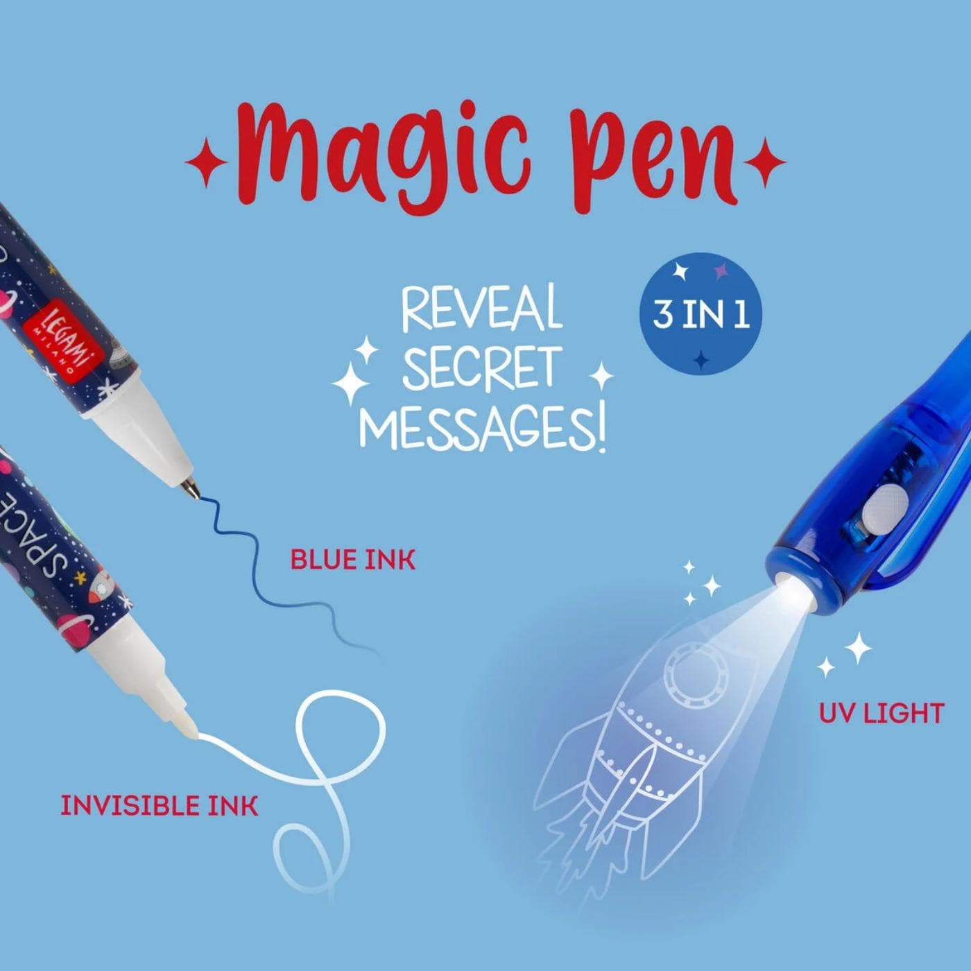 Legami Invisible Ink 3-in-1 Magic Space themed Pen with UV Light - Legami Pens, UV Light Pens, Blue Pen, Space Pen, Magic Pen