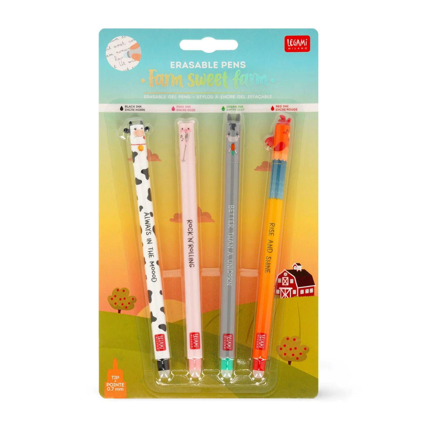 Legami Farm Animal Pens, Sweet Farm Animal Erasable Gel Pen Set of 4 - Cow, Pig, Donkey, Rooster, Legami Pens, Gel Pens