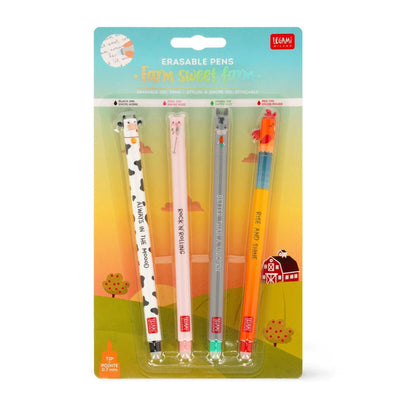 Legami Farm Animal Pens, Sweet Farm Animal Erasable Gel Pen Set of 4 - Cow, Pig, Donkey, Rooster, Legami Pens, Gel Pens