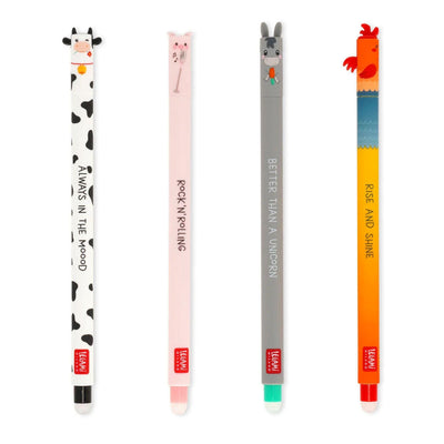 Legami Farm Animal Pens, Sweet Farm Animal Erasable Gel Pen Set of 4 - Cow, Pig, Donkey, Rooster, Legami Pens, Gel Pens