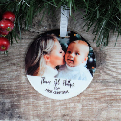 Personalised Ceramic First Christmas Bauble - Custom Photo & Script