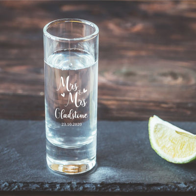 Engraved Wedding Shot Glass - Mr & Mrs With Date & Hearts