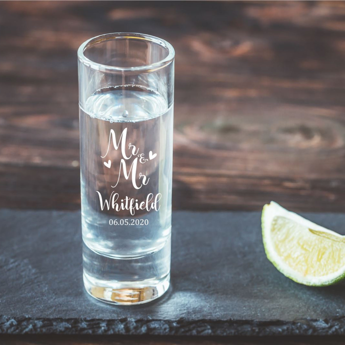 Engraved Wedding Shot Glass - Mr & Mrs With Date & Hearts