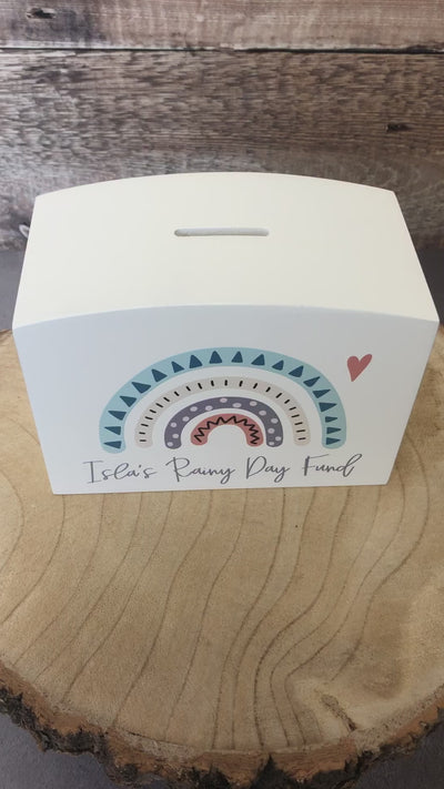 Personalised Solid Wood Luxury Money Box With Rainbow