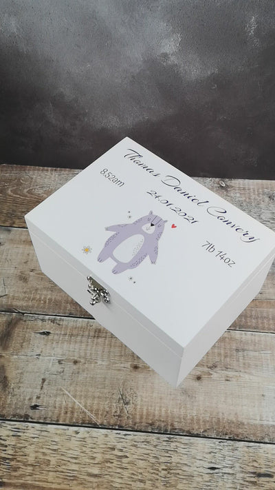 Personalised White Wooden New Baby Keepsake Box - Blue Bear