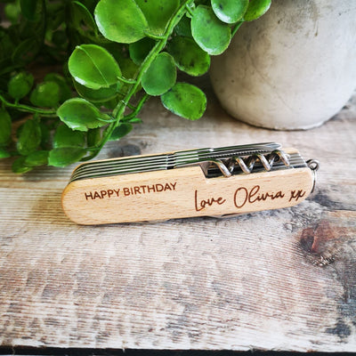 Personalised Stainless Steel Pocket Knife With Beech Wood Handle - Fancy