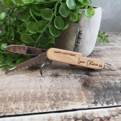 Personalised Stainless Steel Pocket Knife With Beech Wood Handle - Fancy
