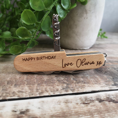 Personalised Stainless Steel Pocket Knife With Beech Wood Handle - Fancy