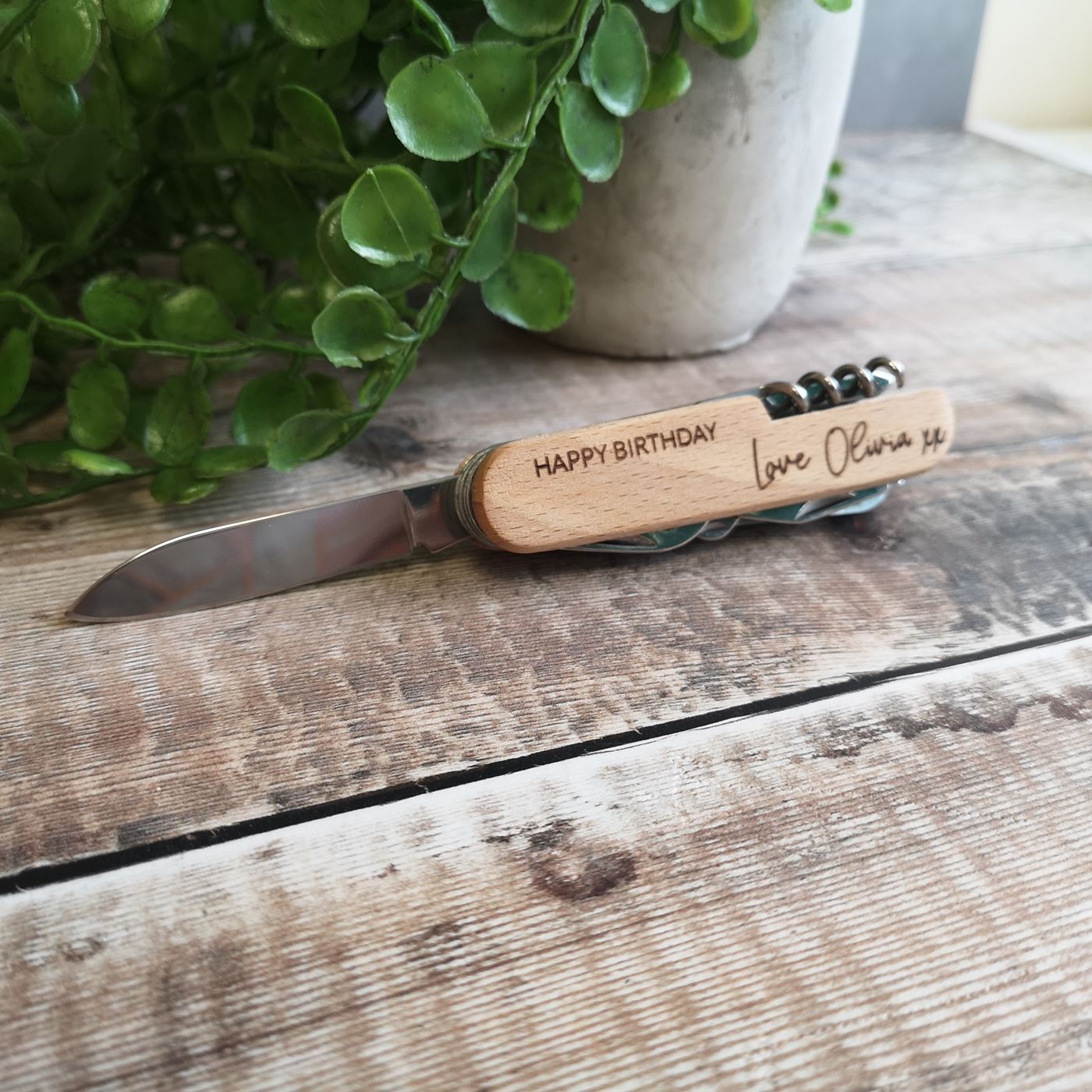 Personalised Stainless Steel Pocket Knife With Beech Wood Handle - Fancy