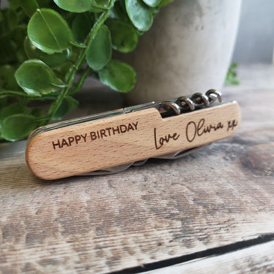Personalised Stainless Steel Pocket Knife With Beech Wood Handle - Fancy