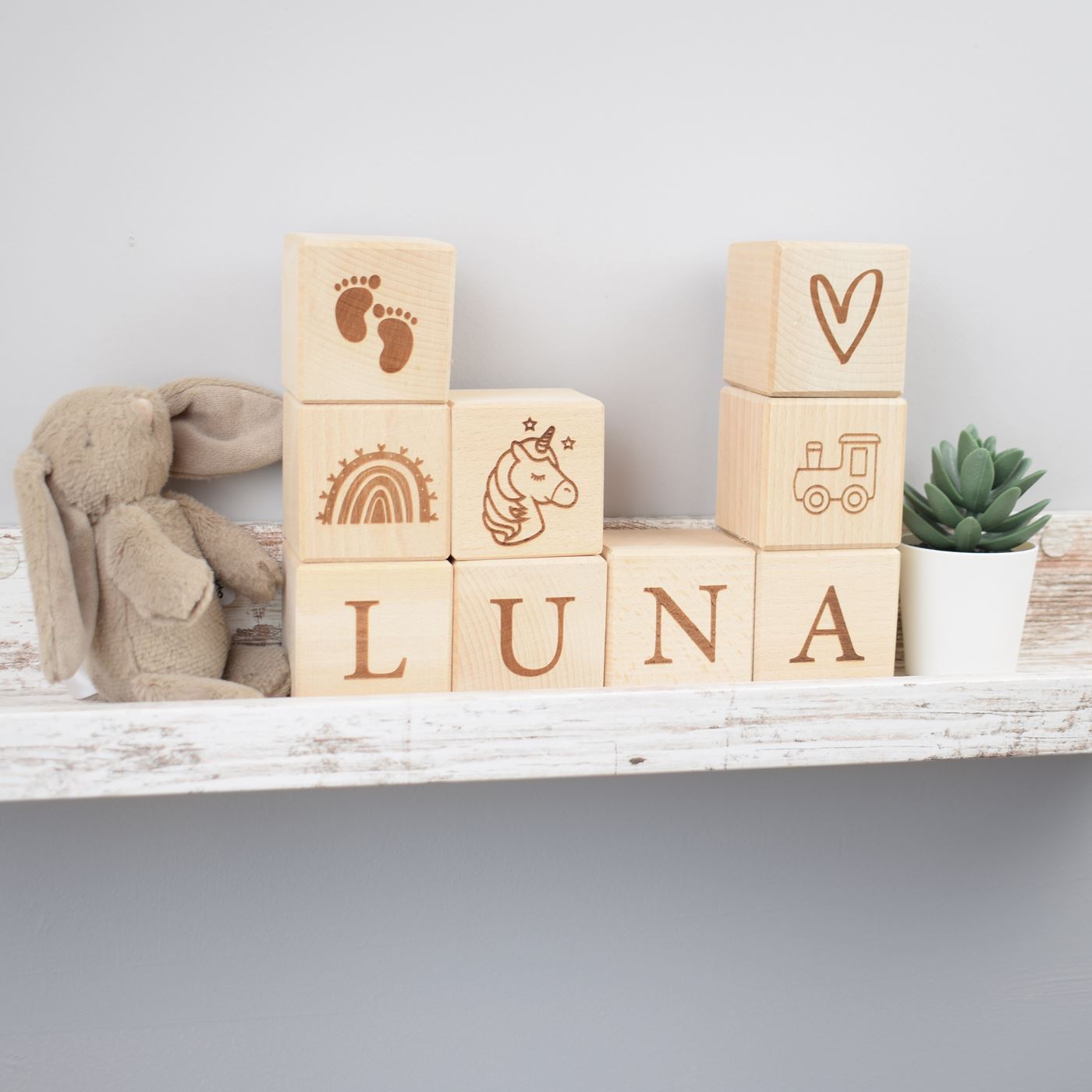 Personalised Beech Wood Baby Building Blocks - Rainbow