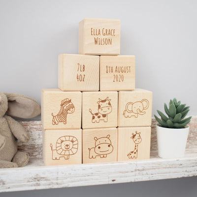 Personalised Beech Wood Baby Building Blocks - Safari