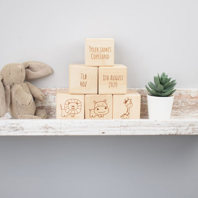 Personalised Beech Wood Baby Building Blocks - Safari
