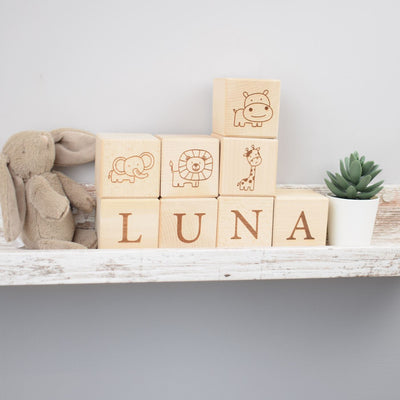 Personalised Beech Wood Baby Building Blocks - Safari