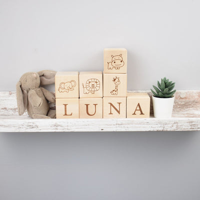Personalised Beech Wood Baby Building Blocks - Safari