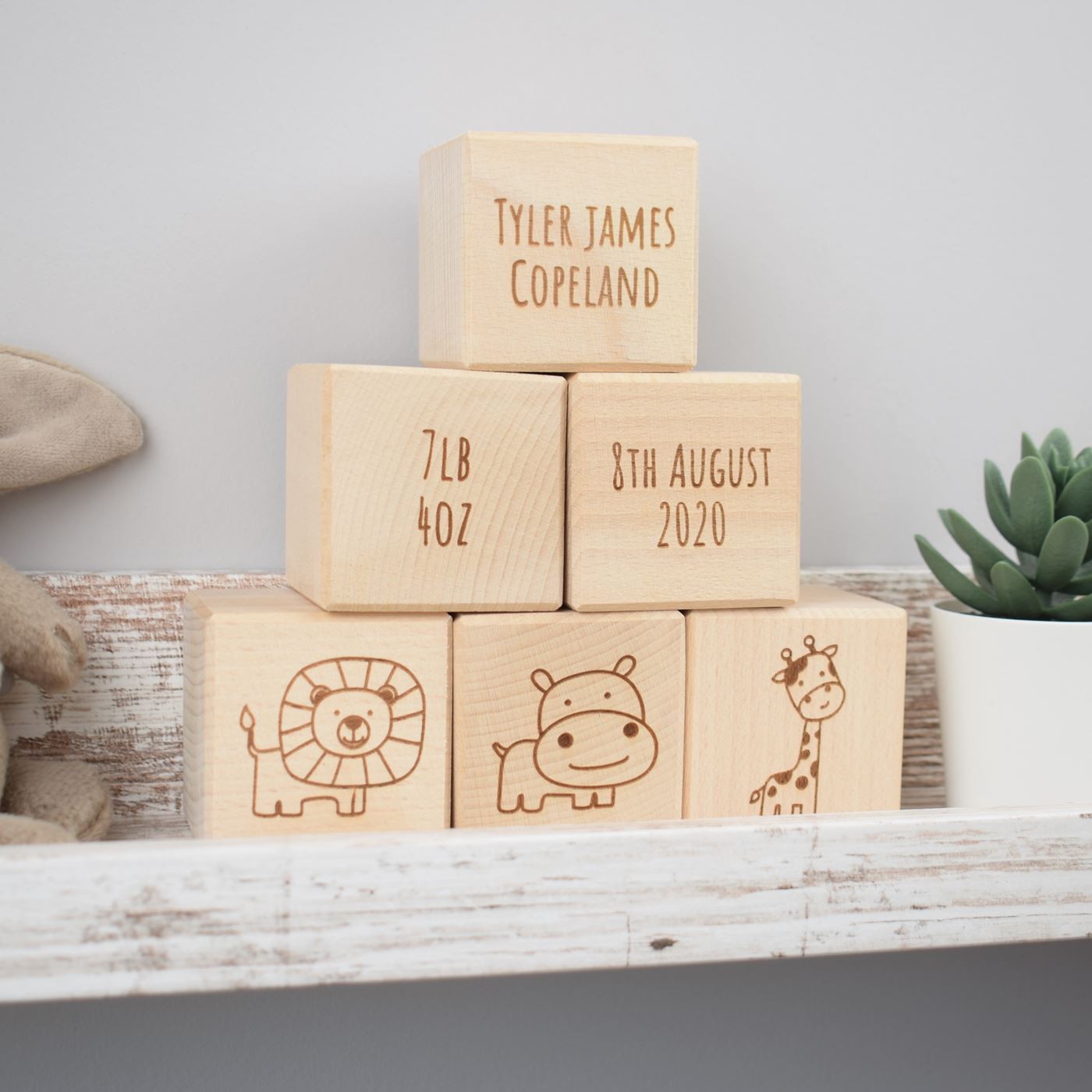 Personalised Beech Wood Baby Building Blocks - Safari