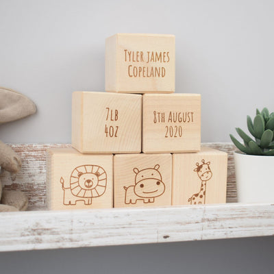 Personalised Beech Wood Baby Building Blocks - Safari
