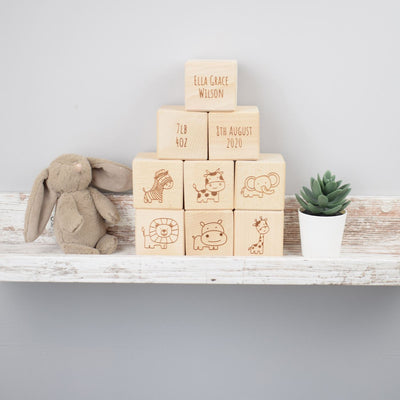 Personalised Beech Wood Baby Building Blocks - Safari