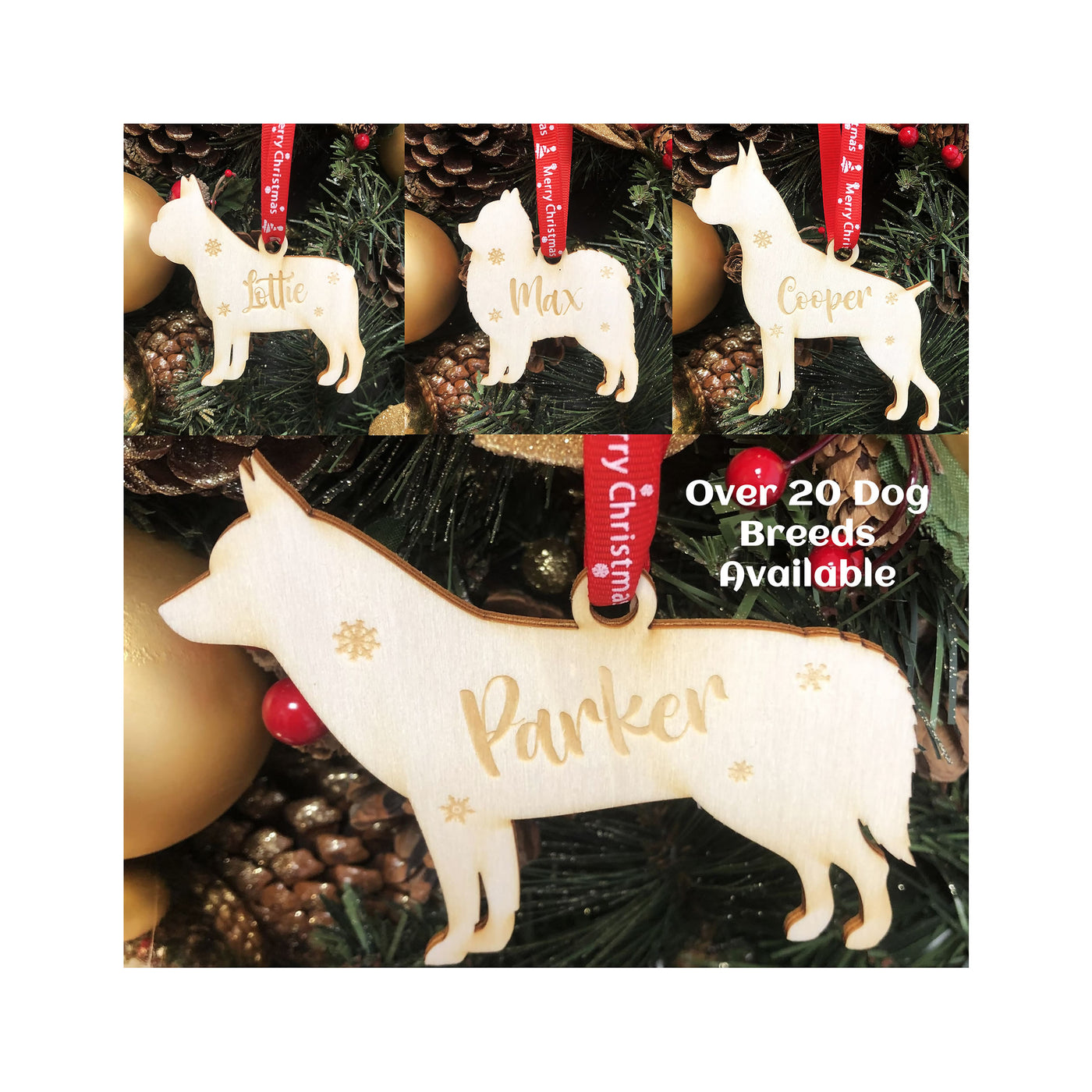 Personalised Wooden Dog Christmas Bauble -  20+ Breeds Laser Engraved with Name