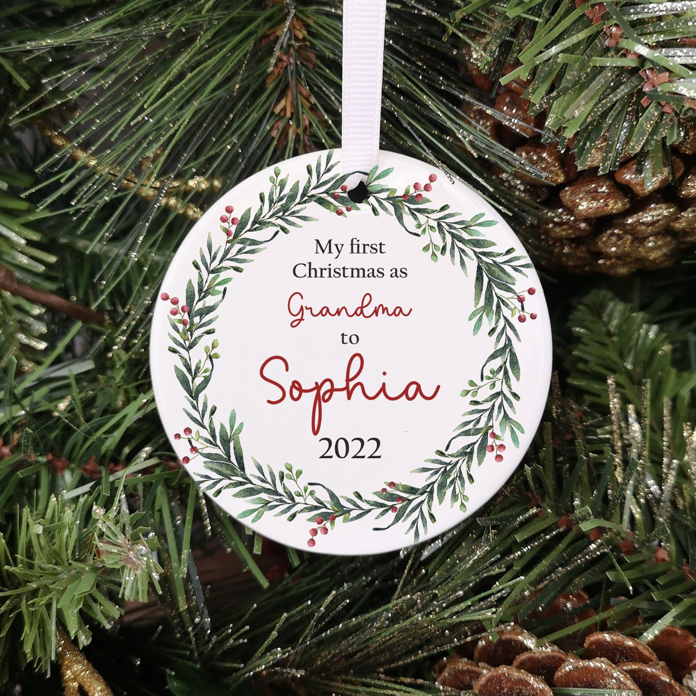 Personalised Ceramic 'Our First Christmas as Grandparents' Bauble