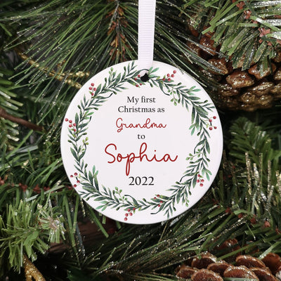 Personalised Ceramic 'Our First Christmas as Grandparents' Bauble