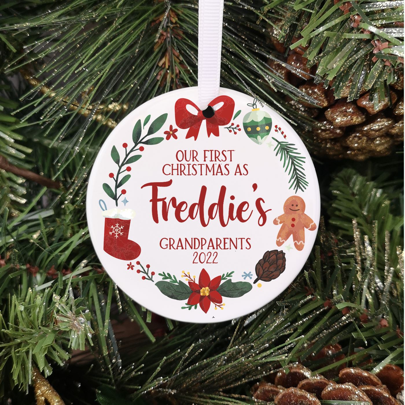 Personalised Ceramic 'Our First Christmas as Grandparents' Bauble - Wreath