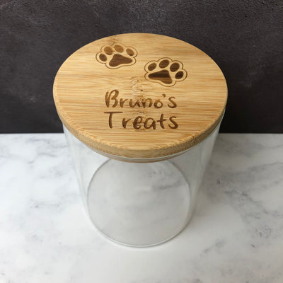 Personalised Glass Dog Treat Jar with Bamboo Lid | Paws