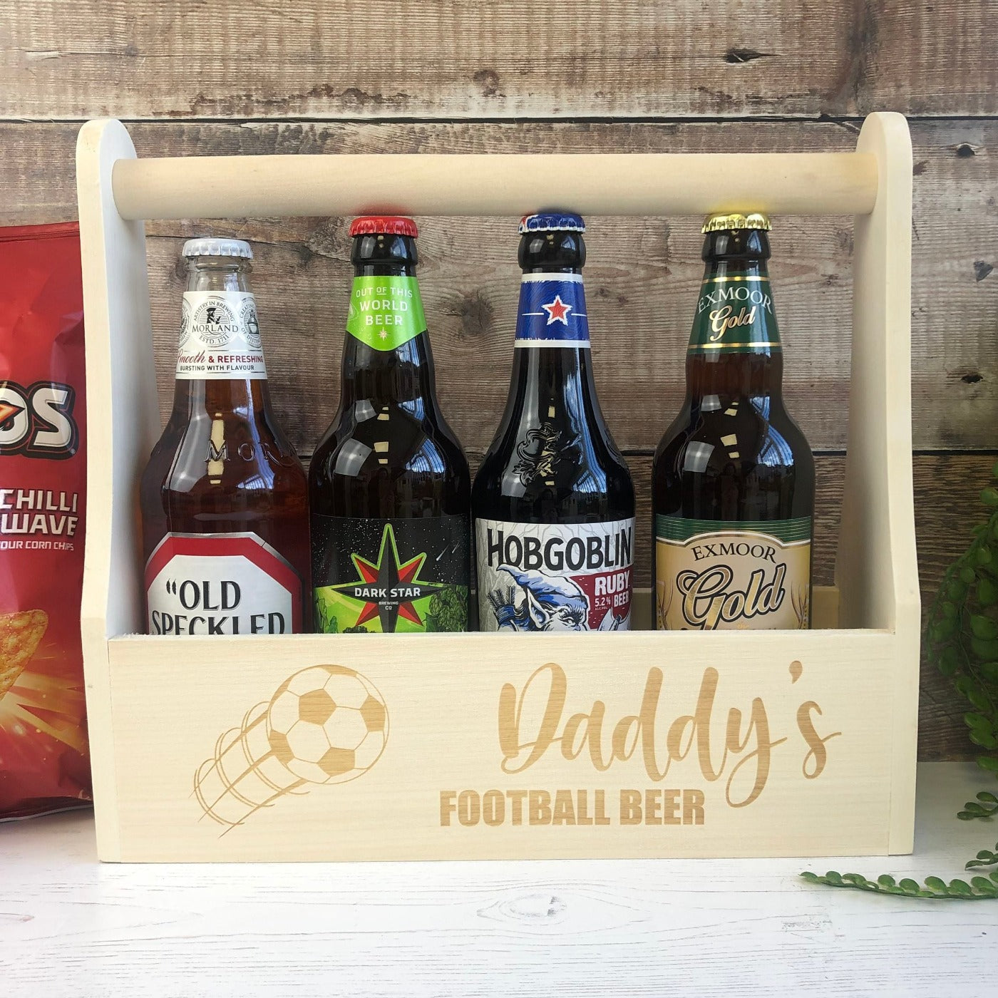 Personalised Wooden Beer Carrier - Daddy's Football Beer