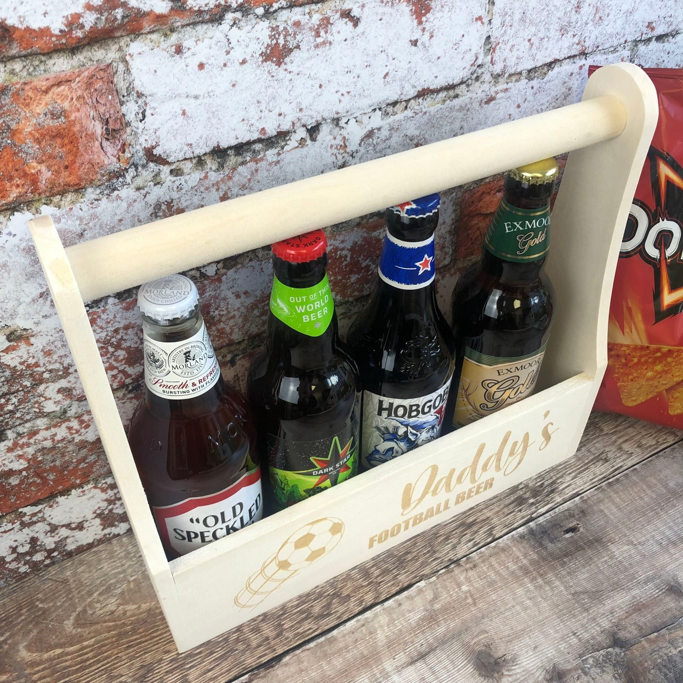 Personalised Wooden Beer Carrier - Daddy's Football Beer