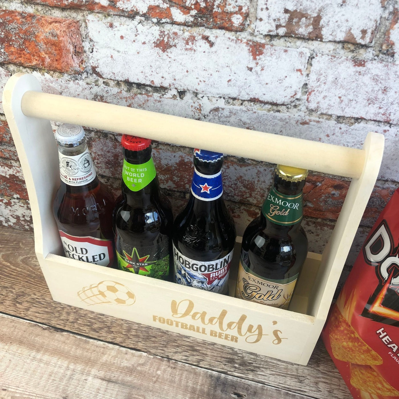 Personalised Wooden Beer Carrier - Daddy's Football Beer